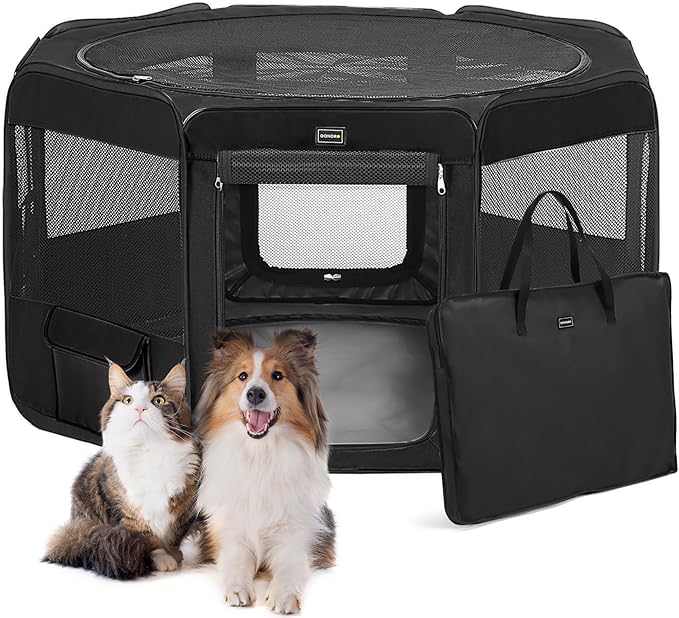 Dog Playpen Portable Pet Play Pens for Small Dog/Cat/Rabbit/Chicks, Cat Playpen Indoor/Outdoor with Carring Case, Removable Zipper Top and Bottom (Black, Small (29"x29"x15"), 8)