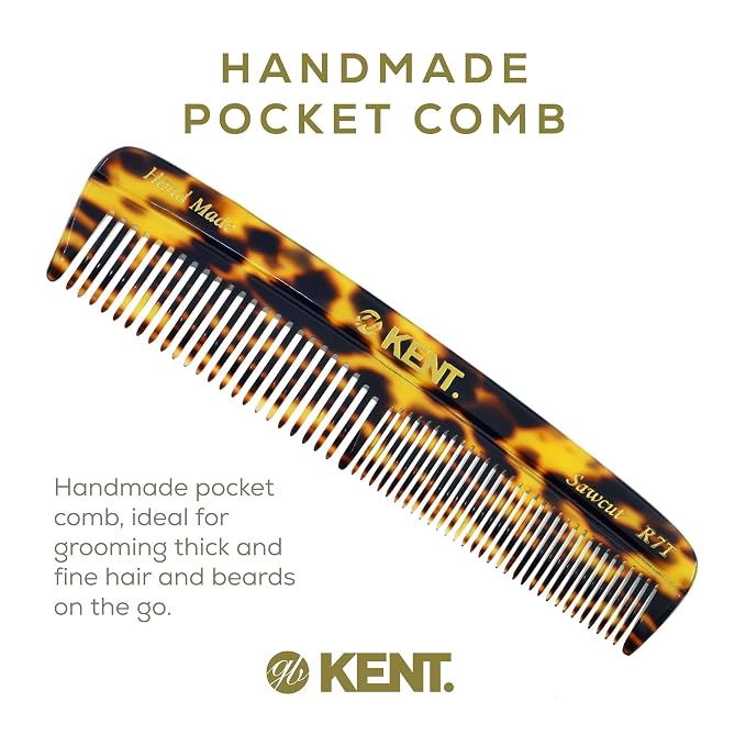 Kent R7T TY Fine and Wide Tooth Hair Comb, Handmade Pocket Comb for Men, Beard and Mustache Combs for Everyday Grooming and Styling, Sawcut Kent Combs, Made in England