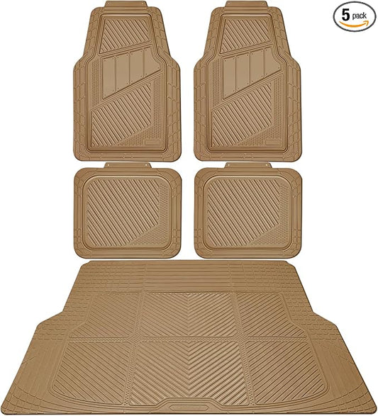 CAR PASS Heavy Duty Rubber Floor Mats Gray Car Mats Full Set with Trunk Cargo Liner - Universal Waterproof Floor Mats for Car SUV Truck, Durable All Weather Automotive Liner Mats (All Beige)