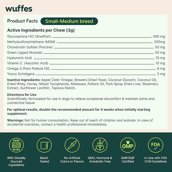 Wuffes Advanced Dog Hip and Joint Supplement with Glucosamine, Chondroitin, Omega 3, MSM, and Green Lipped Mussel, (Pack of 2, Small & Large Breed)