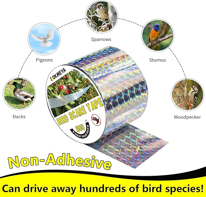 Bird Scare Tapes 350FT*2 Reflective Flash Tape for Birds, Bird Scare Device Double Side Ribbon Scare Birds Away for House, Garden, Yard, Orchard, Patio, Outdoor