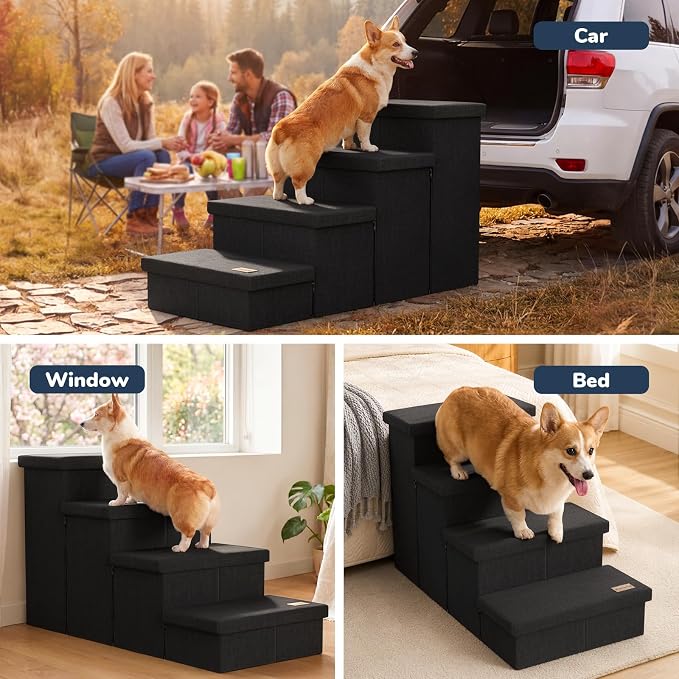 4-Step Wide Dog Stairs with Storage 23" H, Non-Slip Sturdy Pet Steps for High Bed Couch Window, Pet Stairs for Small/Medium/Large Old Dogs Cats Up to 220lbs, Cat Dog Steps for Car/SUV, Black