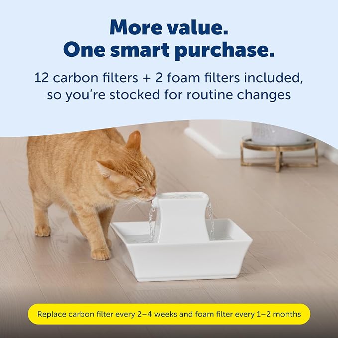 PetSafe Drinkwell Pagoda Fountain, 70 oz Ceramic, 12-Pk Filters Included | 2 Free-Falling Water Streams Encourage Hydration, Pet Water Fountain for Cats & Dogs, Includes 12 Carbon + 2 Foam Filters