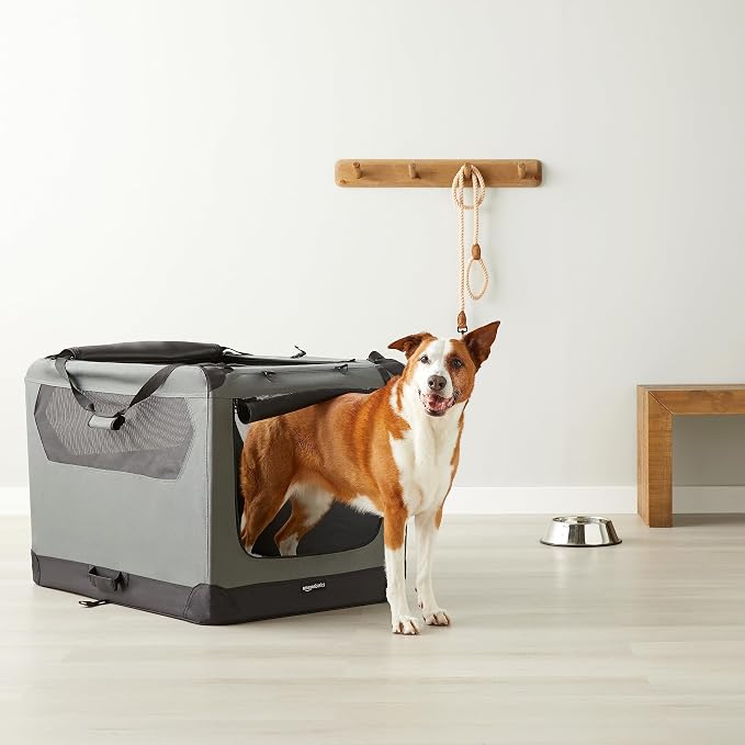 Amazon Basics Portable Folding Soft Pet Dog Crate Carrier Kennel for Large Dogs, Easy to Clean, 36 x 24 x 24 inches, Grey
