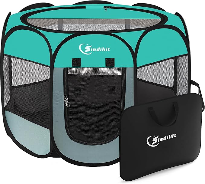 Siedihit Playpen for Middle Dog Cat, Dogs Tent Crate Cage Indoor | Outdoor, Portable Pop Up Dog Kennel with Carrying Bag for Rabbits(Green, Medium)