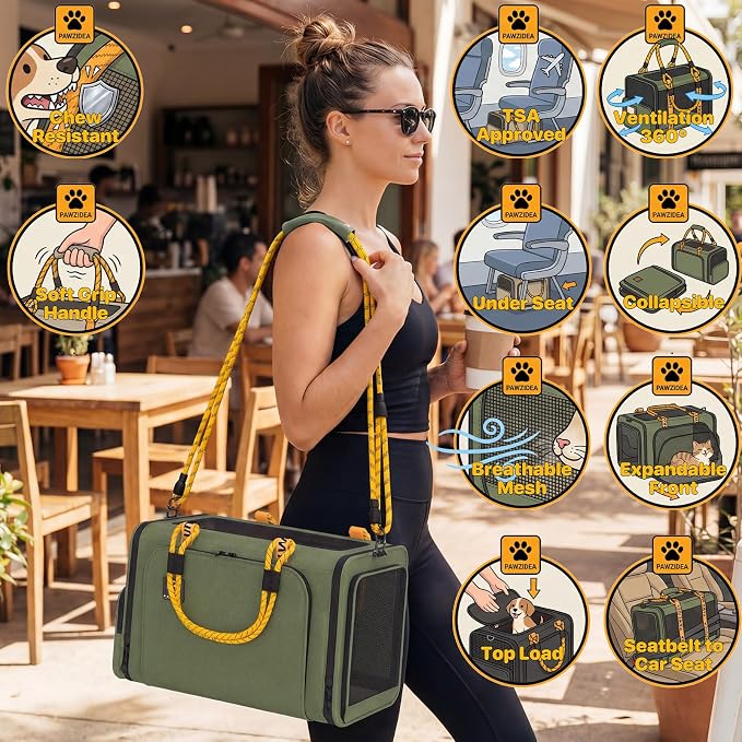 PAWZIDEA Expandable Pet Carrier for Small Cats & Dogs, TSA Airline Approved | 18"×11"×11" Soft-Sided Small Dog Travel Bag, Collapsible Top-Load Cat Carrier for 2 Cats Under Seat, Puppy Car Seat Up 15lbs