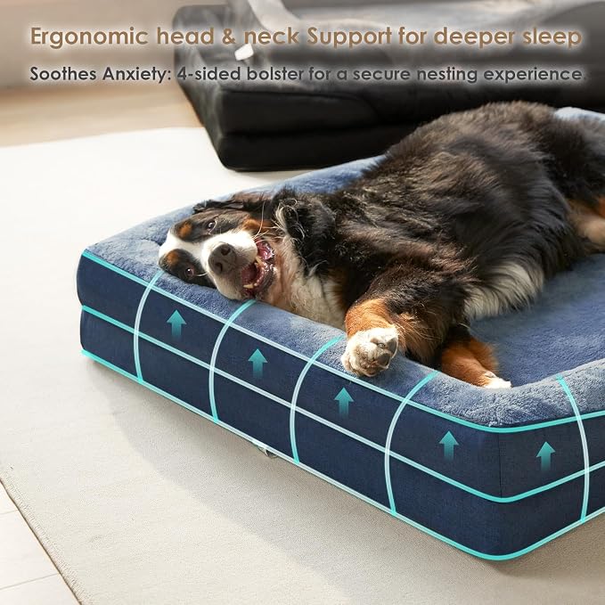 EHEYCIGA Orthopedic XL Dog Bed for Large Sized Dog, 42x30 Inch Extra Large Memory Foam Dog Couch Bed with Sides, Waterproof Liner & Washable Removable Cover, Bolster Pet Sofa, Navy