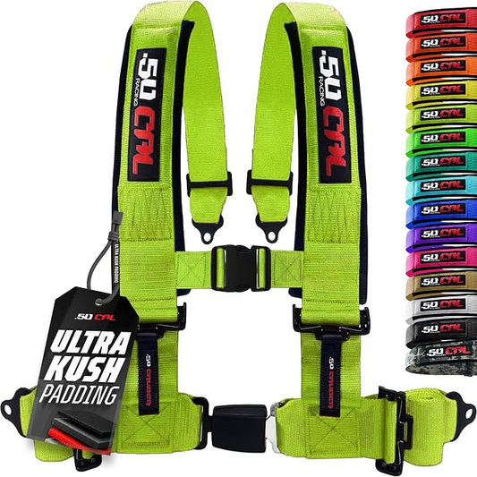 1pc 50 Cal Fluorescent Green 4 Point Harness 3", Racing Harness Seat Belt | Ultra Kush padding, Push Button quick release hardware. Universal Fit for UTV, RZR, race car.