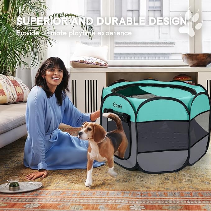 Goozii Pet Cat Playpen for Indoor Cats Enclosed, Puppy Dog Play Pen for Outdoor Travel Camping (Large Size, Green & Dark Grey)