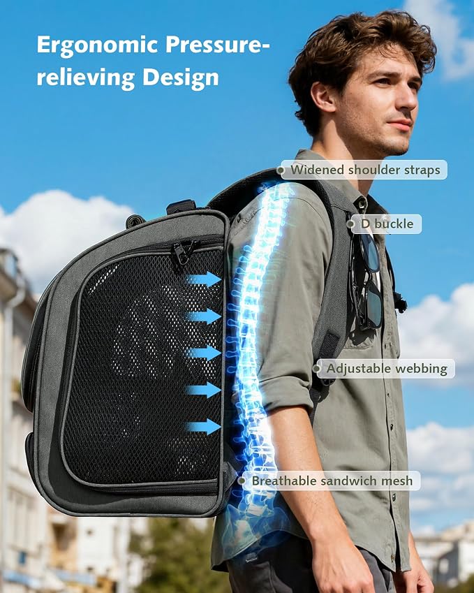 Pecute Cat Backpack Carrier,Large Space Cat Bubble Backpack,Ergonomic,Gray | Expandable,Sunshade Curtain,Transparent Window,Safety Rope,Sturdy,Large Mesh on Both Sides for Breathability,for Outdoor,Vet