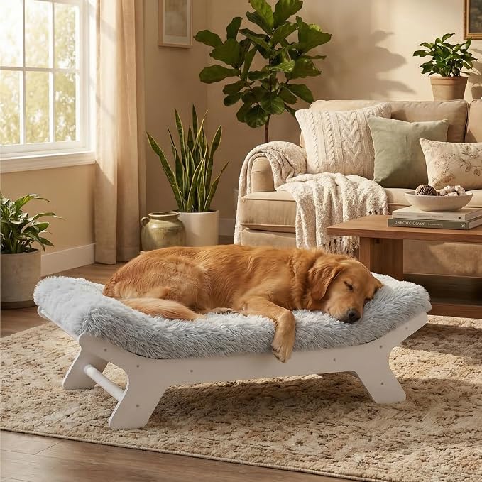 Elevated Wood Dog Bed Frame Mat Set, Whitecolor, X-Large | Raised Sturdy Attractive Dog Sofa Couch Furniture,110 lb