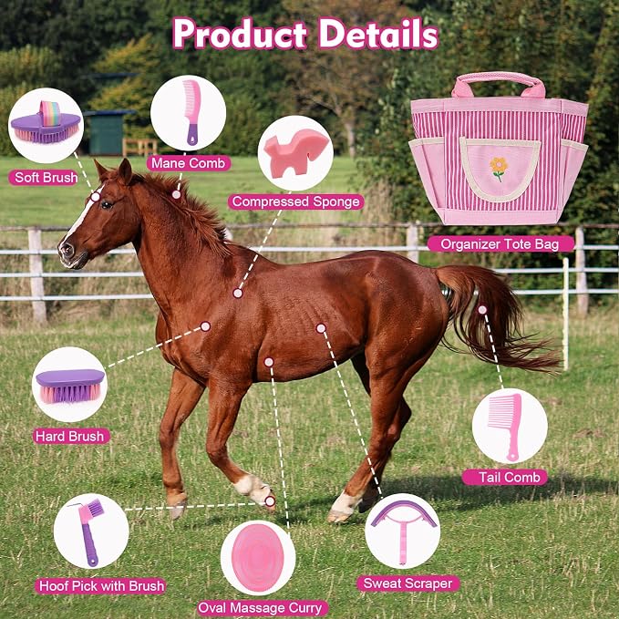 Horse Grooming Brush Kit, 9Pcs Horse-Brush Set with Organizer Tote Bag, Shower Brushes, Braiding Comb, Sweat Scraper, Hoof Pick, Shedding Massaging Tool Supplies for Riders Beginners, Pink