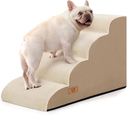 Dog Steps for Bed and Couch, Pet Stairs for Small Dogs and Cats, Khaki | High-Density Foam Support and a Stable 4-Step Ramp Design for Easy Access to Beds and Sofas,H 17.7in