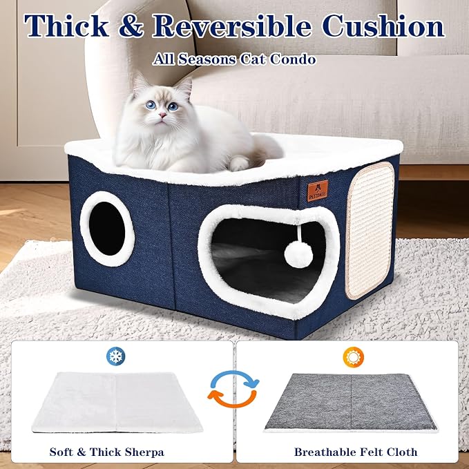 Extra Large Cat Beds for Indoor Cats, Covered Cat Cave Beds & Furniture with Scratch Pad and Fluffy Ball, Foldable Cat Condo Hideaway with Reversible Cushion for Multi Small Pet Large Kittens, Blue
