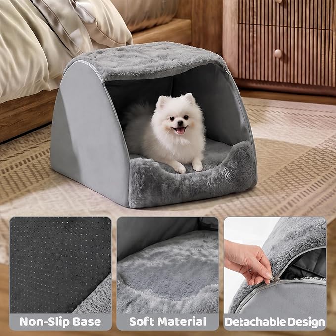 LATIBELL Indoor Puppy House Foldable Pet Tent Cave Bed ，Gray | Foldable Indoor Dog House With Removable Washable Soft Cushion, Covered Cave For Small Puppy