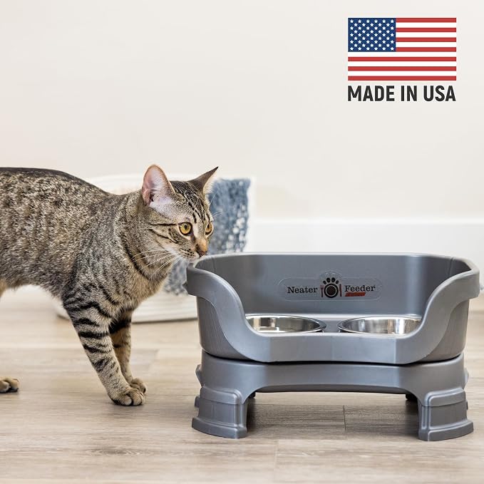 Neater Feeder Deluxe Mess-Proof Elevated Cat Bowls, 2 Height Adjustable (6” & 7.5”) No-Spill Raised Cat Bowl Stand, Whisker Friendly Stainless Steel Dishes for Indoor Cats, Made in USA, Gunmetal