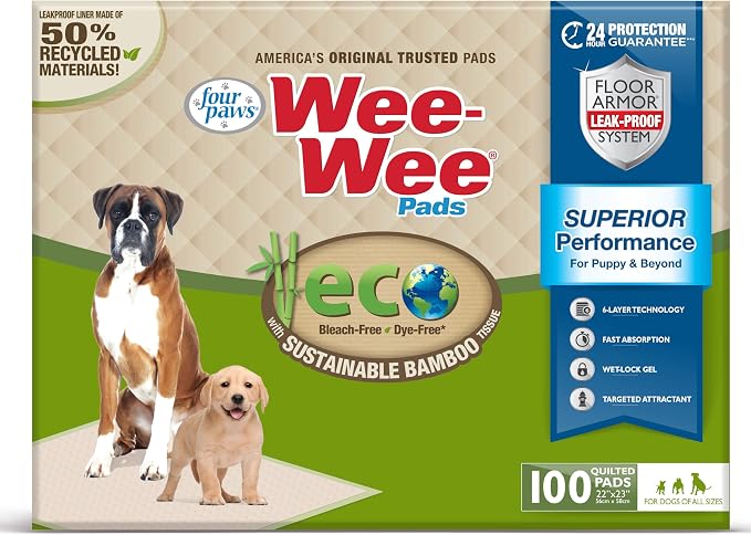 Four Paws Wee-Wee Superior Performance Eco Bamboo Dog Pee Pads, 100 Count | Earth friendly, bleach-free, dye-free, dog & puppy potty training pads, leak-proof, 24-hour protection pee pads, 22" x 23"