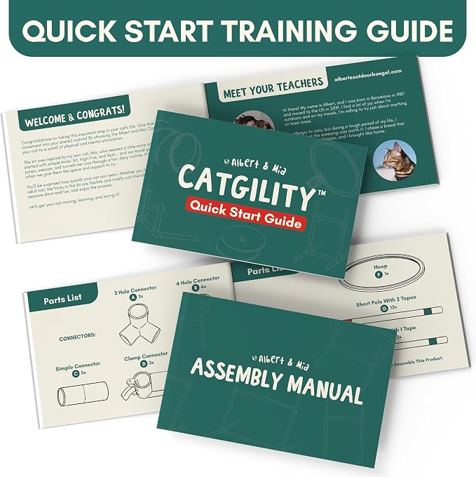 ALBERT & MIA Catgility™ Cat Agility Equipment, Hurdles, Poles, Hoop & Tunnel | Indoor obstacle course training for kittens and small dogs, jumping exercise and enrichment, clicker trainer guide included