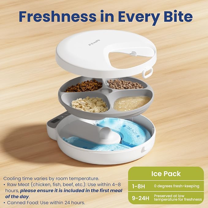 Smart 4-Meal Automatic Wet Food Pet Feeder, 4-Cup Capacity | Programmable Timer for Wet & Dry Food, Cordless, with Ice Packs, Dog & Cat Feeder, White