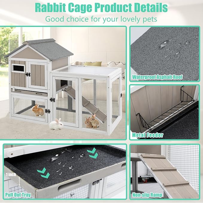 Gowoodhut 46.5" L Rabbit Hutch Indoor Outdoor Rabbit Cage with Run, Pull Out Tray, Asphalt Roof Large 2 Story Bunny Hutch Wooden Chicken Coop Guinea Pigs Pet House Cage for Small Animals,Grey