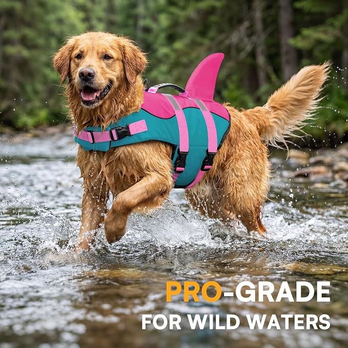 Dog Life Jacket,Dog Life Vest for Swimming,Dog Shark Life Jacket with Rescue Handle,Adjustable Reflective Dog Life Preserver for Extra Large Dog,Green 2XL