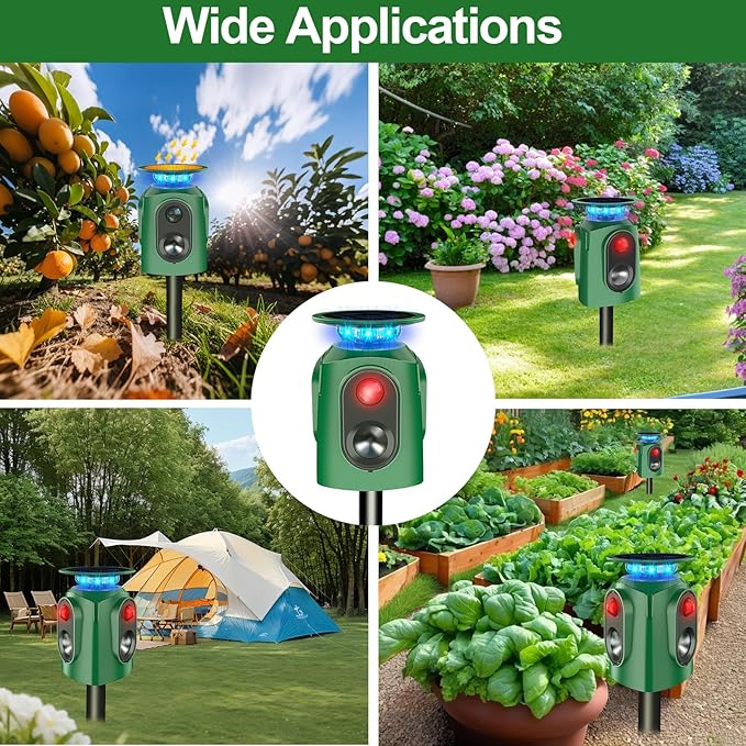 Ultrasonic Animal Repeller Outdoor - Cat Repellent Outdoor & Deer Deterrent with PIR Sensor, Solar Powered for 360° Protection Against Cats, Deer, Squirrels, Raccoons, Rabbits in Garden, Yard, Farm