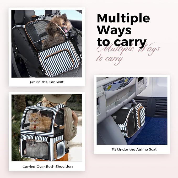 Double Cat Backpack Carrier for 2 Cats, Double-Compartment Pet Carrier Backpack for 2 Small Cat or One Medium Cat, Cats Carrier Backpack Dog Carrier Backpack Fits Up to 24 Lbs,Blue Striped