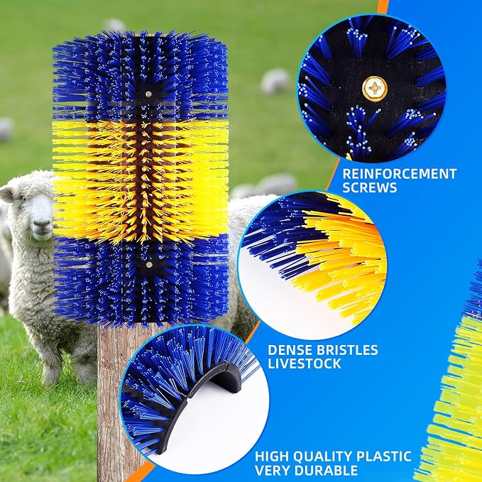 Extra Large Size Livestock Scratching Brush, Upgraded Horse/Goat/Cow/Cattle Scratcher Brush for Grooming, Itch Relief Horse Scratcher Brushes Kit with Two Sets of Mounting Screws(4-Pack,Yellow)