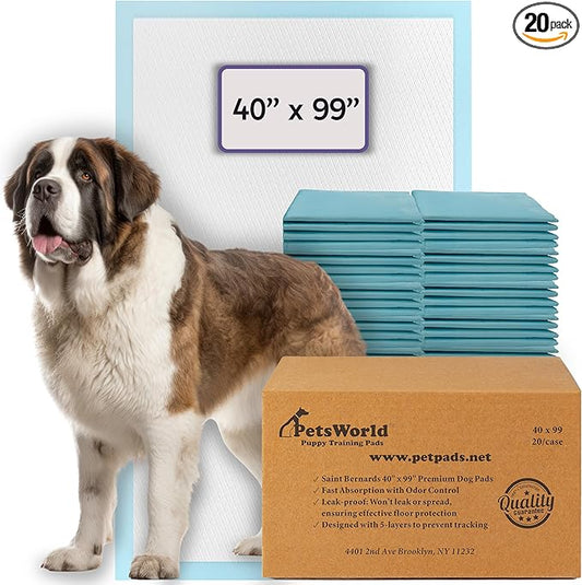 PETSWORLD Mega-Sized Dog Pee Pads (40" x 99") – 4XL Gigantic Pet Piddle Pads for Puppy Training, Incontinence – with Adhesive Sticky Tape – Leak Proof, 5-Layer Protection (20 Count)