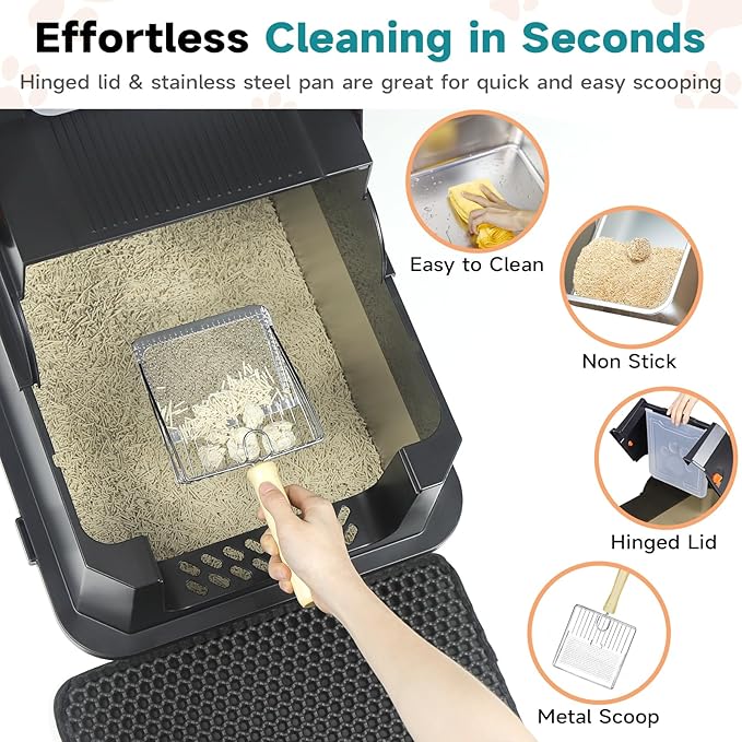 TENTIZON Stainless Steel Cat Litter Box with Lid, Large Covered Enclosed Kitty Litterbox with Hood, Flip Top, High Side, Litter Mat, Scoop for Big Cats, Kitten, No Odor, No Mess, Easy Clean, Black