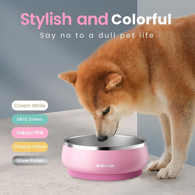 Pawaii Dog Bowl, 34 oz Double-Wall Stainless Steel Food and Water Bowl, Non-Slip Rubber Base, Dishwasher Safe, ID Tag Included, (1 Pack) | Double-Wall Design,Non-Slip Rubber Base,Dishwasher Safe,Smooth Open Design, Not a Slow Feeder,Easy-Rinse Interior