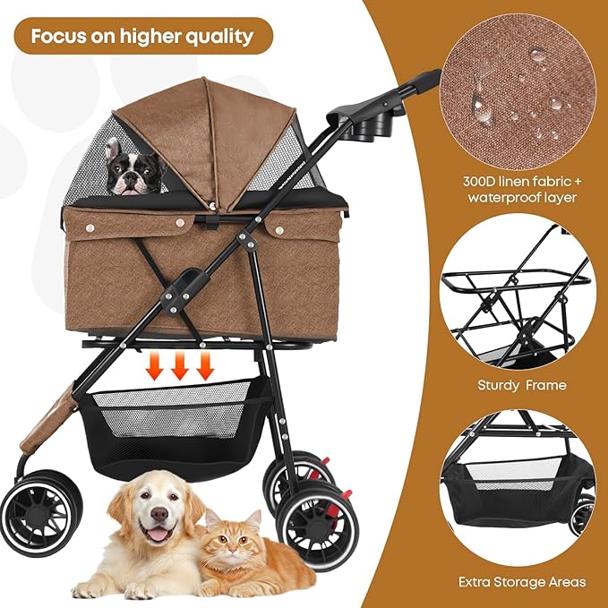 Pet Stroller,Dog Stroller for Small Medium Dogs Cats,3 Wheels,Deep Brown | Foldable,with Breathable Mesh Canopy,Cup Holders,Easy Assembly