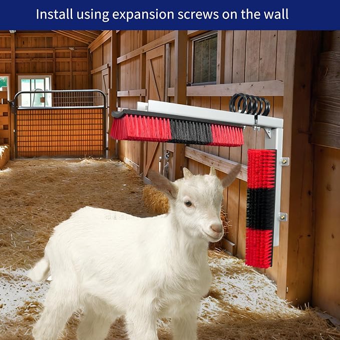 Livestock Scratch Brush With Spring Iron Holder，Animal Back Scratching Brush Including 4pcs goat brushes, 4 stands and accessories For Cow,Cattle,Sheep, Horses,Pigs，Massage Grooming Tool（Red）