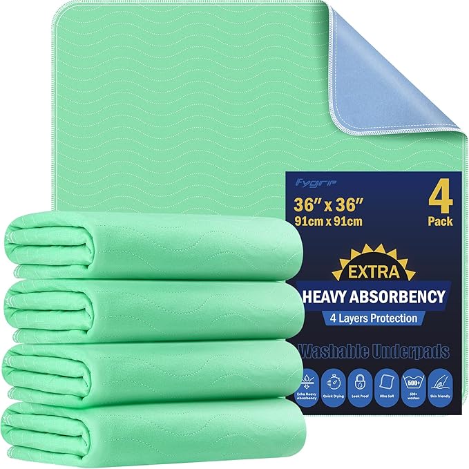4 Pack 36” x 36” Extra Heavy Absorbency Washable Underpads Bed Pads | WaterProof Quick Drying Nursing Pads Incontinence, Reusable Washable Pee Pads for Dogs, Diaper Changing & Adults
