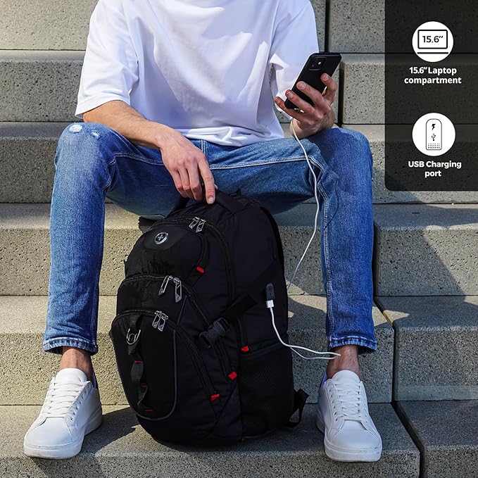 Swissdigital Design Laptop Backpack with USB Charging Port, Travel Backpack Fits 15.6 inches Computer, 31L College School Backpack for Men, Black | SD803-01