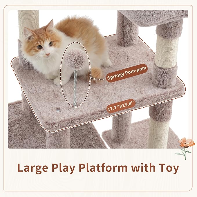 Gitelsnour Cat Tree for Indoor Cats, 55.1 inch Cat Tower with 7 Sisal Scratching Posts, Multi-Level Cat Condo wit Large Play Platform Furry Ball, Cat Cave, 2 Padded Perches, Basket, Mushroom GCT013MU
