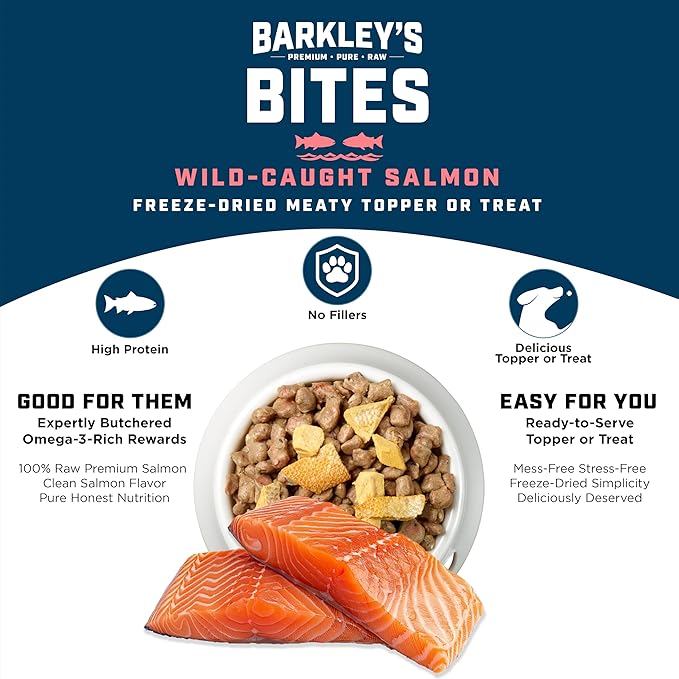 Barkley’s Bag Salmon Bites, Freeze Dried Dog Treats and Food Topper, Made with Wild-Caught Salmon, Bite-Sized Whole Pieces for Training Rewards, for All Dog Breeds, Ages & Sizes, 4 Oz Bag (6 Pack)