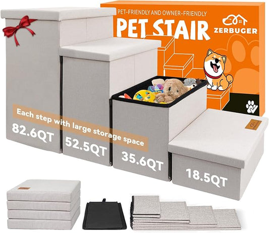 Zerbuger Dog Stairs with Storage, Beige 4 Steps Dog Ramp no Condo for Bed | 23" H Wider Dog Steps for High Beds Couch, Folding Storage Pet Stairs Gift for Climbing Small/Medium/Large Old Dogs Cats