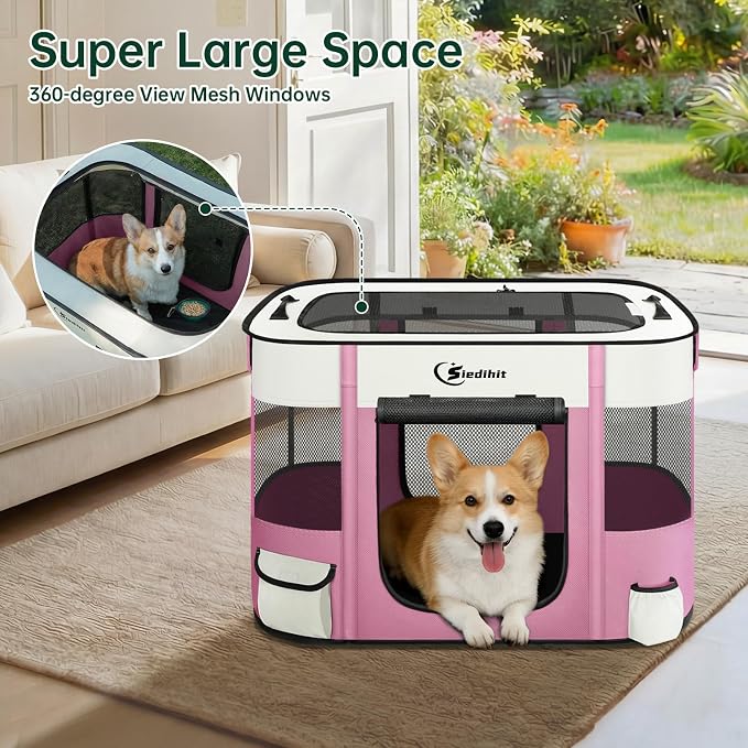 Siedihit Dog Playpen, Cat Pet Puppy Crate, Portable Playpens Indoor Outdoor (Pink, Medium)