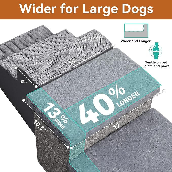 Zerbuger Dog Stairs with Storage, Grey Furry Lids 3 Steps Dog Ramp no Condo | 18" H Wider Dog Steps for High Beds Couch, Folding Storage Pet Stairs Gift for Climbing Small/Medium/Large Old Dogs Cats