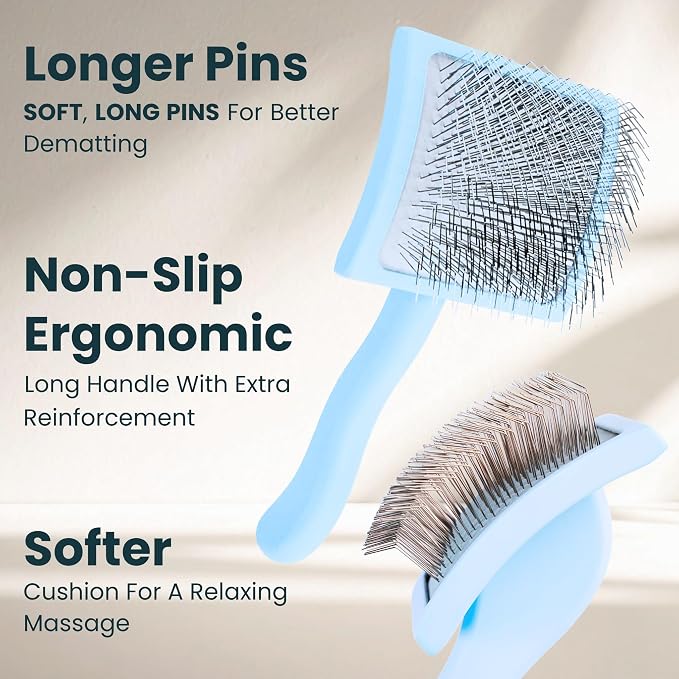 Pet Slicker Brush With Soft Massage Grooming Stainless Steel Pins - For Dematting, Shedding Fur, and Undercoat - Ideal Gift for Professional Pet Groomers - Long Slicker Brush (Blue, Curved Large)