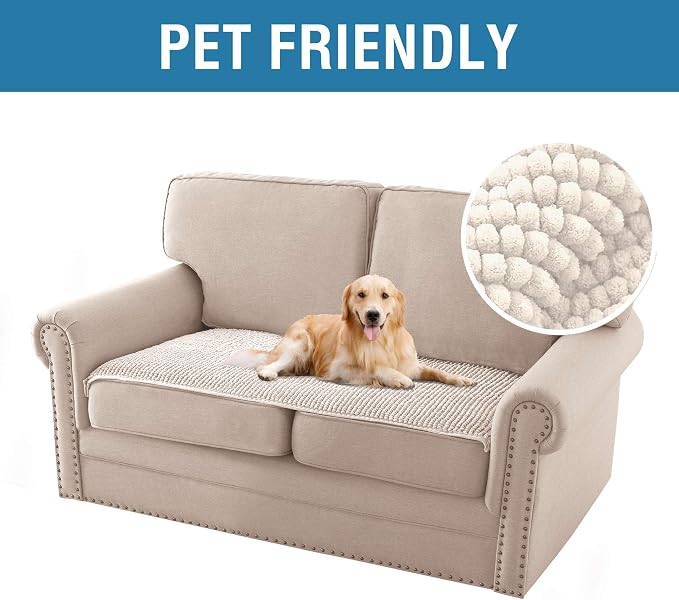 H.VERSAILTEX Plush Chenille Couch Cover for 3 Cushion Couch Anti Slip Washable Sofa Slipcovers Soft and Durable Furniture Protector for Dogs Cats Kids (27.5" x 59", Ivory)