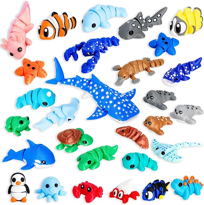 30 Pcs Mini Random 3D Printed Animal Statues Figurines Set Movable Joints Surprise 3D Printed Animals Cute Desk Decor Party Favors for Adults Home Office Desk Decoration Display