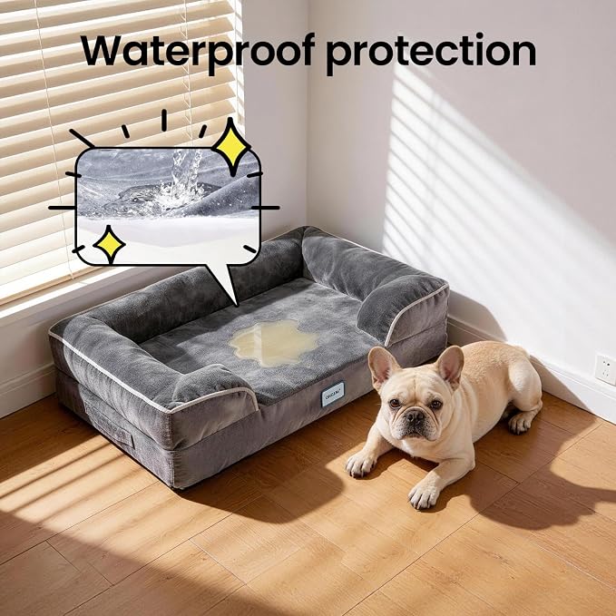 OhGeni Orthopedic Medium Dog Bed Couch Sofa, Memory Foam, 28-inch (Gray) | Waterproof Pet Bed with Machine-Washable Removable Cover & Soft Comfortable Fabric