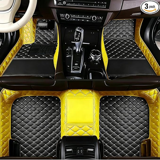 3D Custom Fit Car Floor Mats Leather, All-Weather Heavy Duty Interior Liners with Custom Text Patch, Anti-Slip Durable Automotive Accessories for SUV Sedan Truck(Yellow+Black)