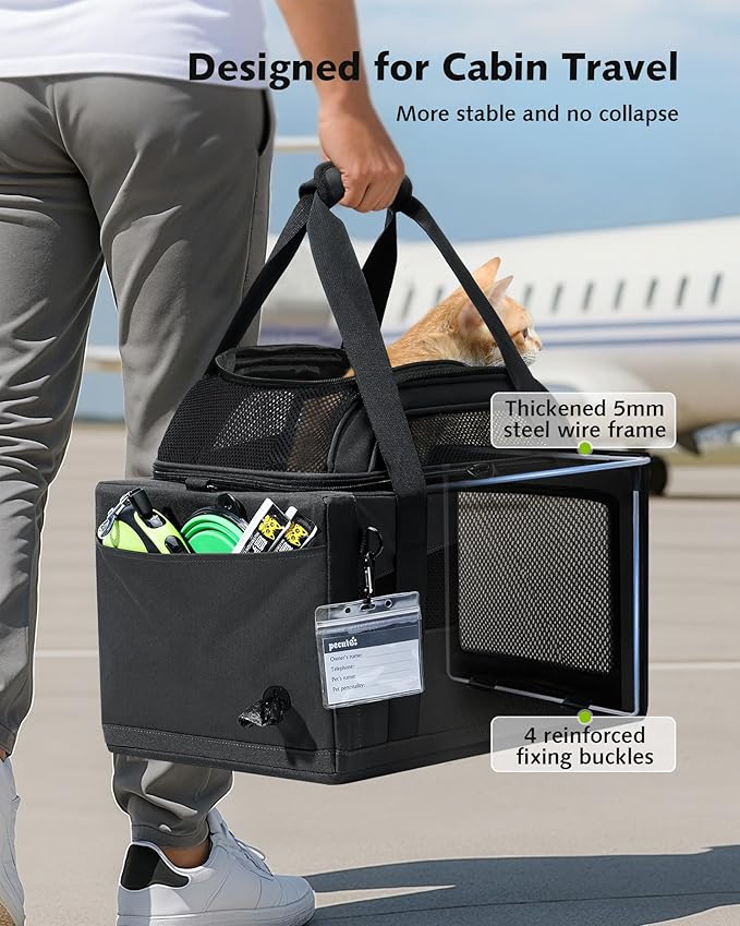 Pecute Top Expandable Airline Approved Pet Carrier for Cats, Dark Gray | Top side expandable, breathable scratch-resistant mesh, leakproof pee pad, locking zippers, foldable travel bag under 11lbs