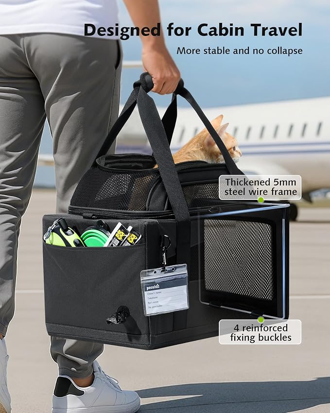 Pecute Top Expandable Airline Approved Pet Carrier for Cats, Olive Green | Top side expandable, breathable scratch-resistant mesh, leakproof pee pad, locking zippers, foldable travel bag under 11lbs.