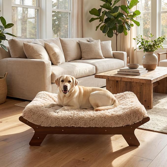 Elevated Wood Dog Bed Frame Mat Set, WalnutPattern, X-Large | Raised Sturdy Attractive Dog Sofa Couch Furniture,110 lb