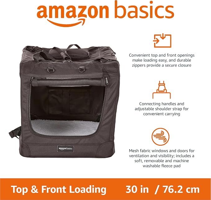Amazon Basics Portable Soft Pet Dog Crate Carrier Kennel with Mesh Windows, Foldable, 30 x 21 x 21 inches, Black