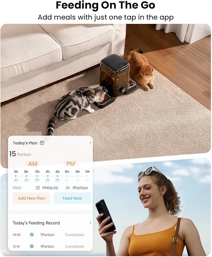 oneisall コードレスWiFi自動給餌器（2匹用）、充電式100日間稼働、20カップ/5L 大粒フード対応、スマートアプリ制御